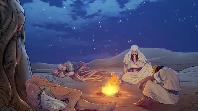 iBIBLE image of Job and his three friends sitting/laying around a fire