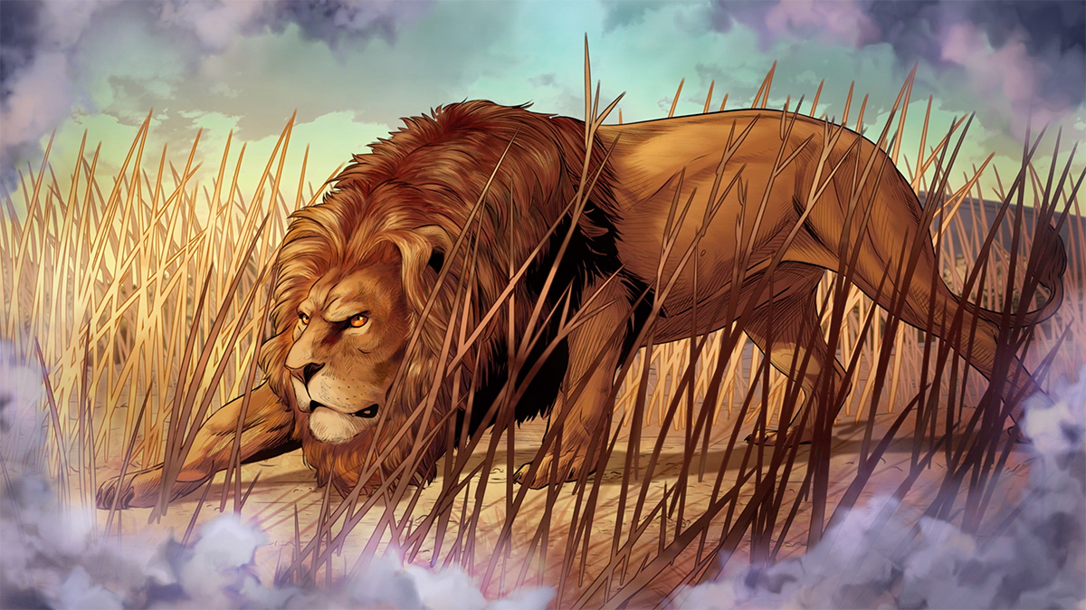 iBIBLE image of a lion crouched down in high grass