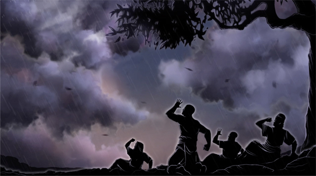 iBIBLE image of silhouettes of Job and his friends against a dark, stormy night sky