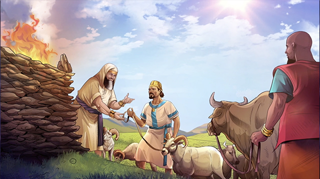 iBIBLE image of Job's friends bringing the seven bulls and seven rams to offer a burnt offering