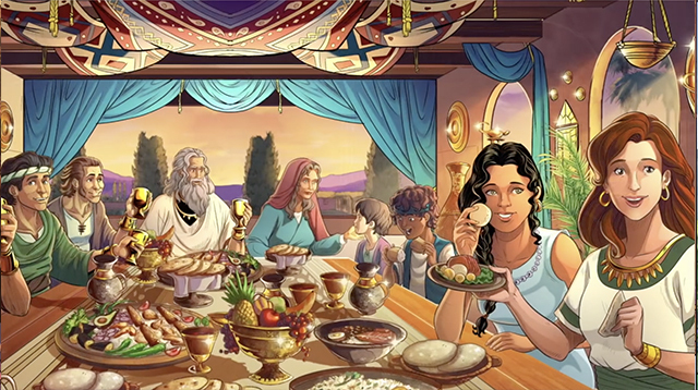 iBIBLE image of Job full of years sitting at a table for a feast surrounded by his many children