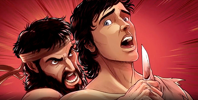 iBIBLE image of Cain holding a knife to Abel's neck