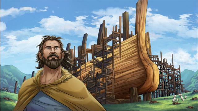 Completed iBIBLE image of Noah when he is younger standing in from of the Ark he is building