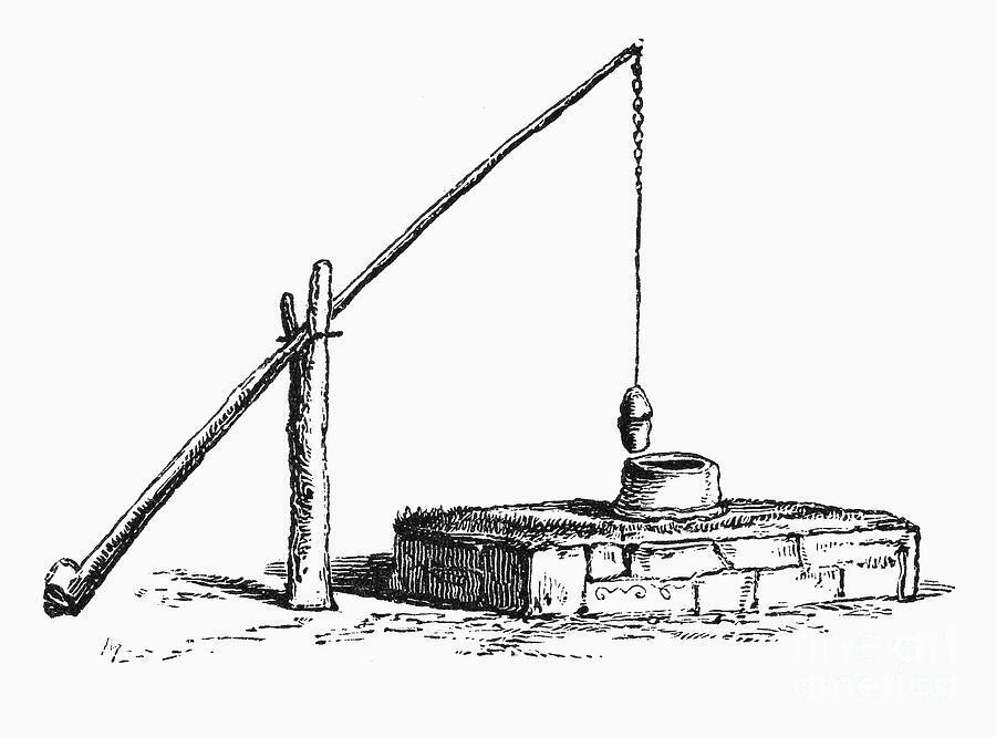 Image of a shaduf- a large pole balanced on a crossbeam