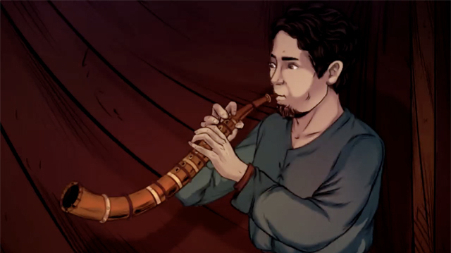 iBIBLE image of a character playing a trumpet instrument