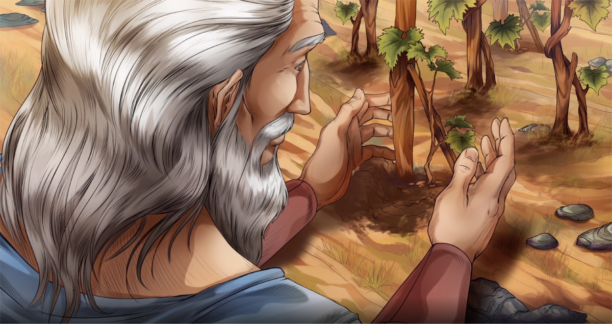 iBIBLE image of Noah planting vines in his vineyard