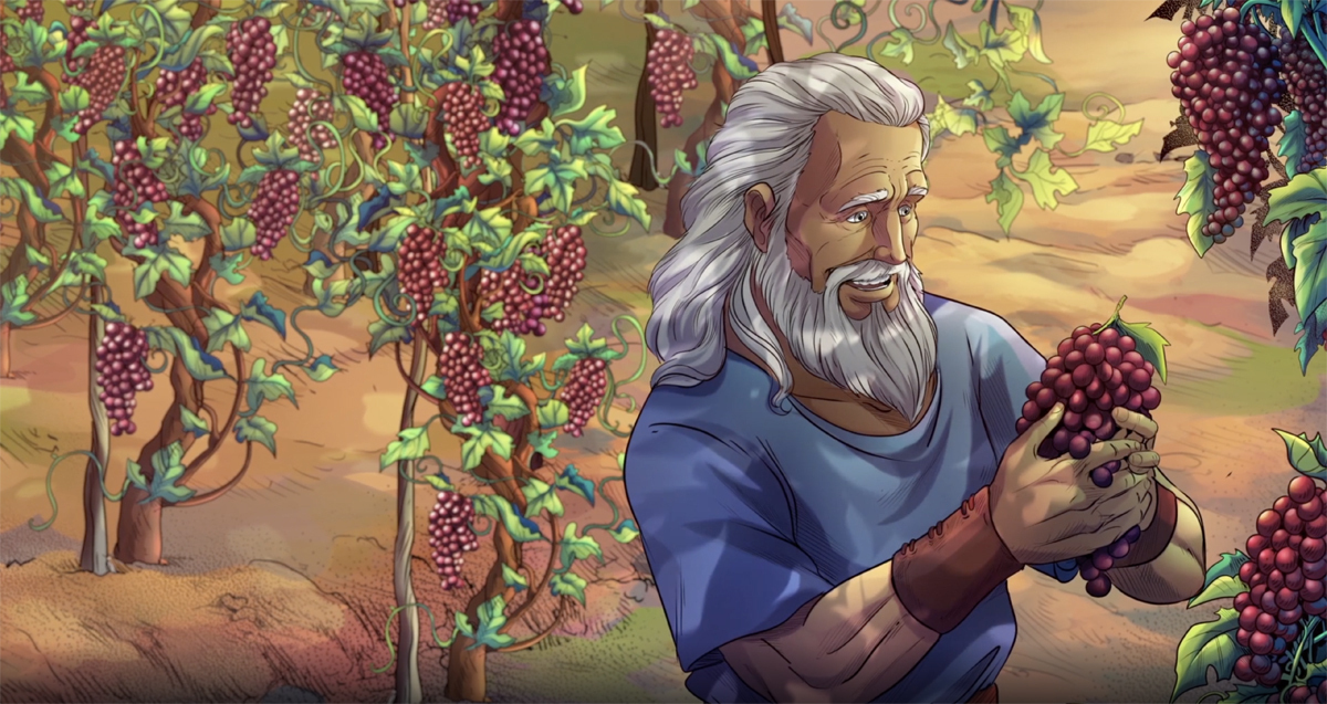 iBIBLE image of Noah looking at grapes in his vineyard