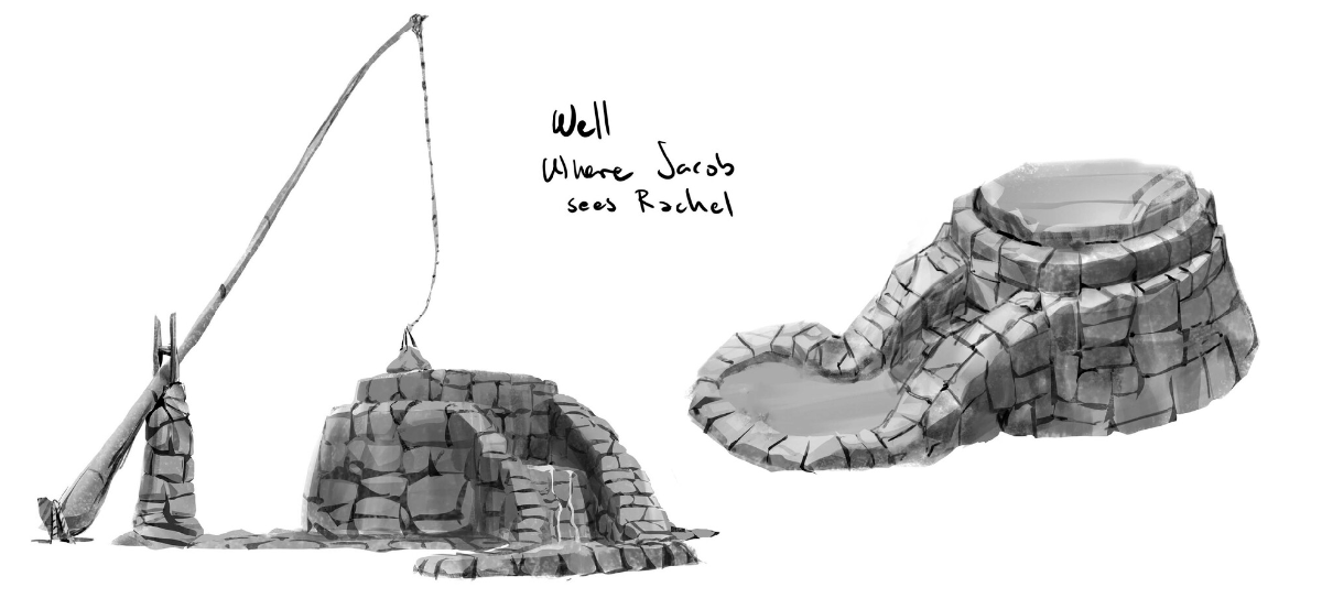 Black and white illustration of the well where Jacob meets Rachel, created or iBIBLE chapter 13