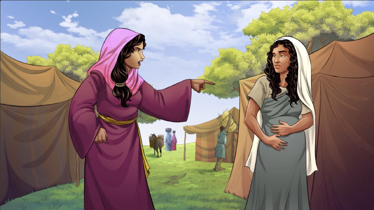 iBIBLE image of Sarai pointing to Hagar in a harsh manor