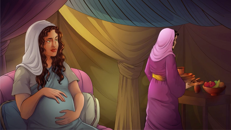 iBIBLE image of a pregnant Hagar looking in contempt at Sarai
