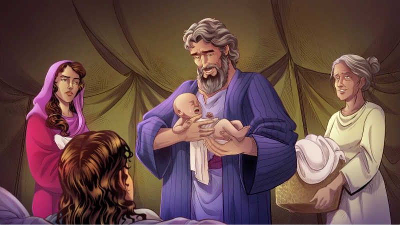 iBIBLE image of Abram holding baby Ishmael after Hagar has given birth