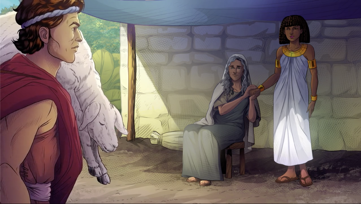 iBIBLE image of Ishmael standing, a lamb draped over his shoulder, in front of his Egyptian wife