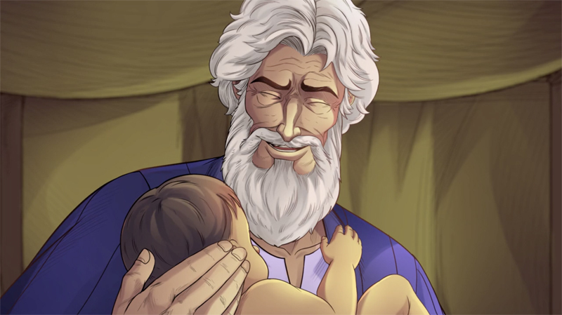 iBIBLE image of Abraham with a joyful face holding baby Isaac