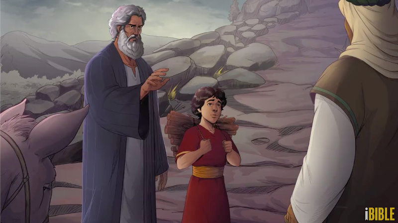 iBIBLE image of Abraham telling the mean to wait as he goes on with Isaac