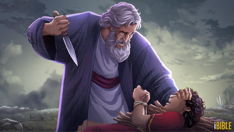 iBIBLE image of Abraham raising his knife to sacrifice Isaac as Isaac lays bound