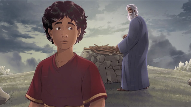 iBIBLE image of Isaac with Abraham in the background preparing the firewood for the sacrifice