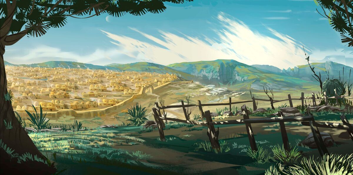 Color image of the iBIBLE illustration of the city of Haran from a distance