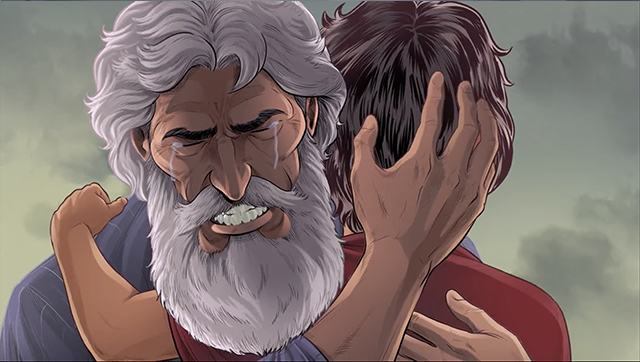 iBIBLE image of Abraham and Isaac hugging as Abraham cries