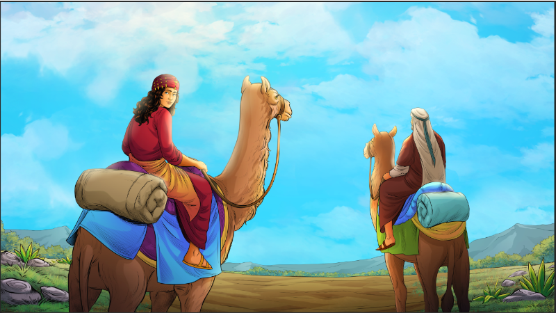 iBIBLE image of Rebekah leaving for Canaan riding a camel