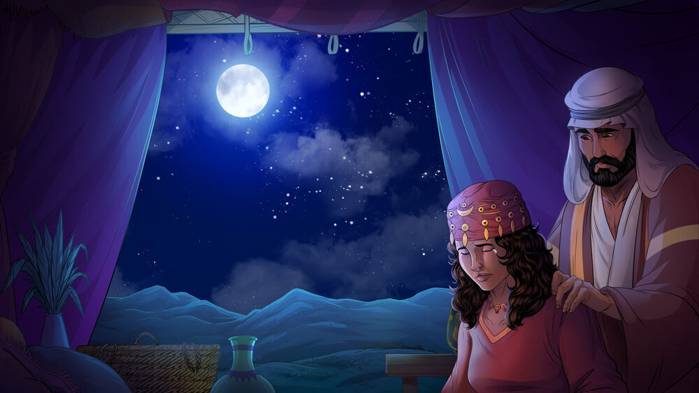 iBIBLE image of a moonlit sky with Isaac and Rebekah looking sad that they cannot have children