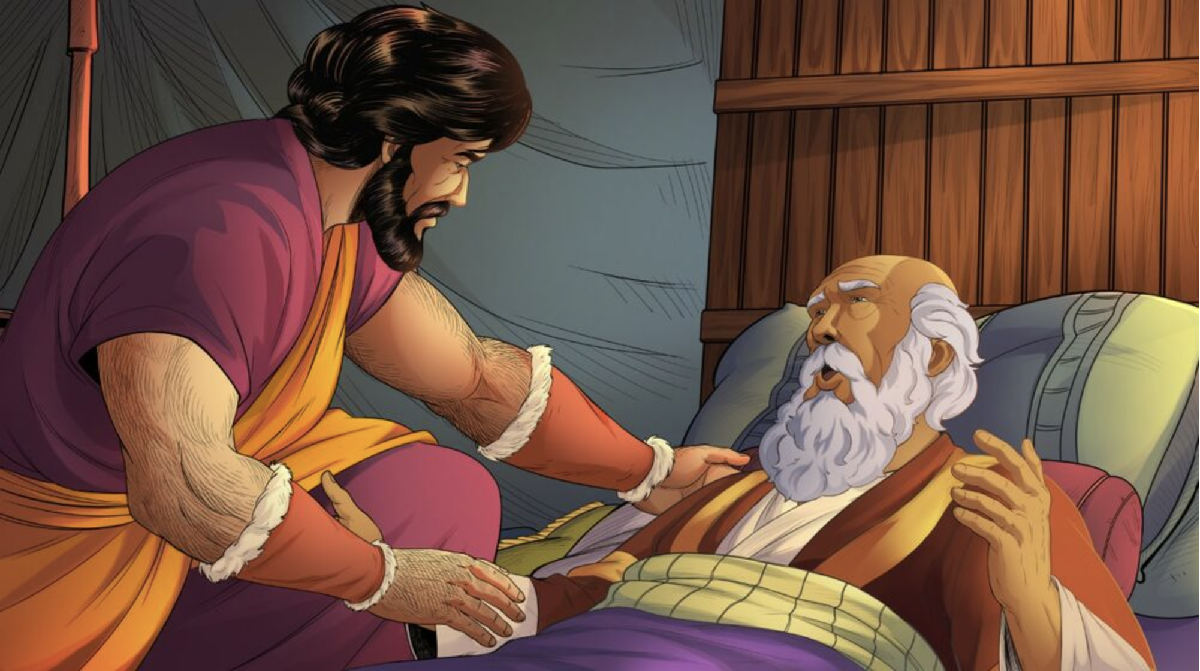 iBIBLE image of Esau leaning over his father Isaac. Isaac asks him to hunt venison for the blessing