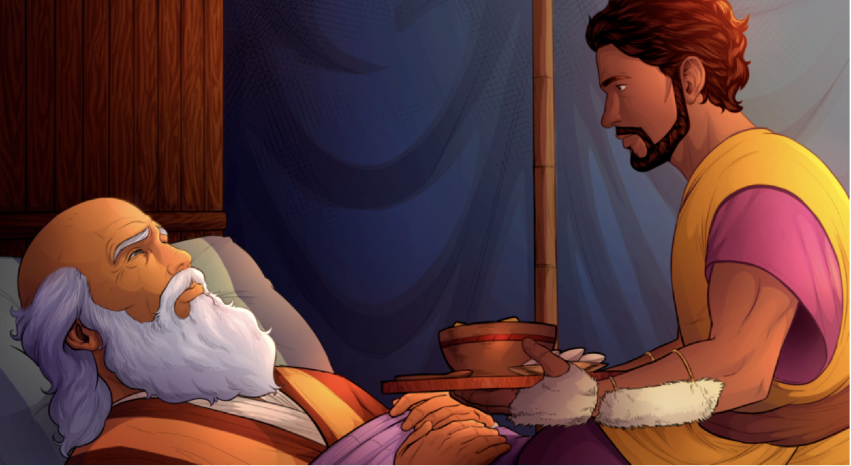 iBIBLE image of Jacob dressed as Esau bringing food to his father