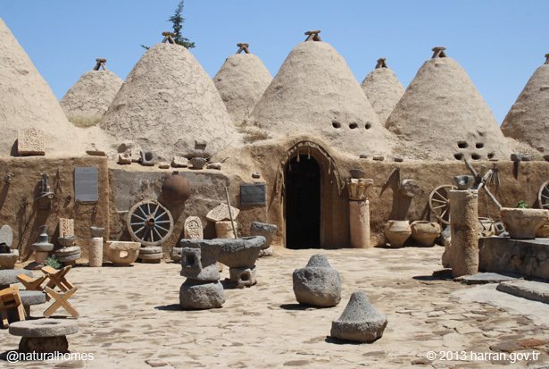 Image of a kümbet house showing the structure-made with bricks and beehive-shaped roofs