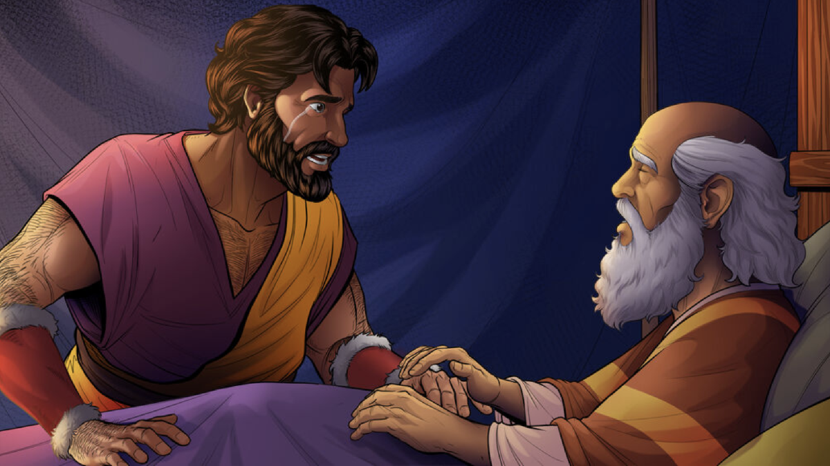 iBIBLE image of Isaac sitting with a weeping Esau as he realizes the blessing is gone