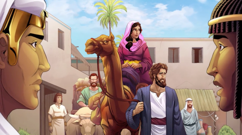 iBIBLE image of two Egyptian men looking at Sarai as her and Abram arrive