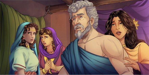 iBIBLE image of Lot, his wife and his daughters looking surprised as they are told to flee Sodom