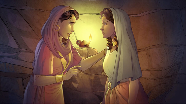 iBIBLE image of Lot's daughters as they conspire to get him drunk