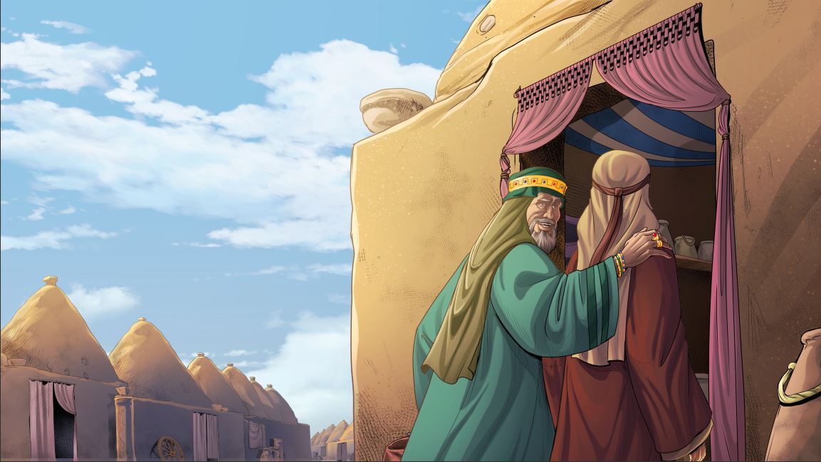 Illustration from iBIBLE chapter 13 showing Laban and Jacob entering a kümbet in Haran