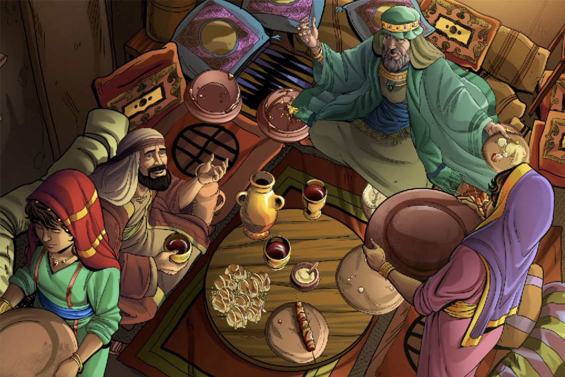 Image from iBIBLE chapter 13 showing Laban and Jacob together in Laban's home