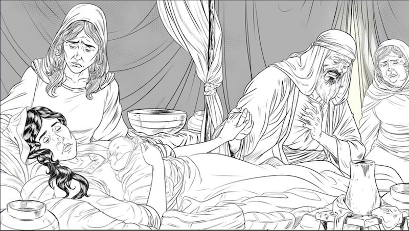 Rachel passed away giving birth to Benjamin (lineart prior to artist coloring)