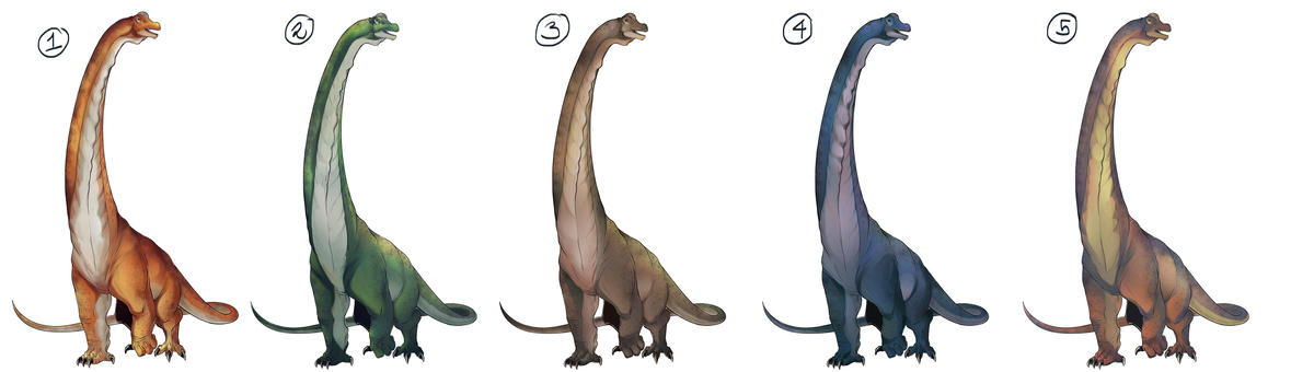 Image of five behemoths and the different color variations-orange, green, brown, blue and orange/tan