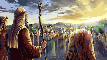 Animation from iBIBLE Chapter 17. Jacob's tribe worships at the stone in Bethel.gif