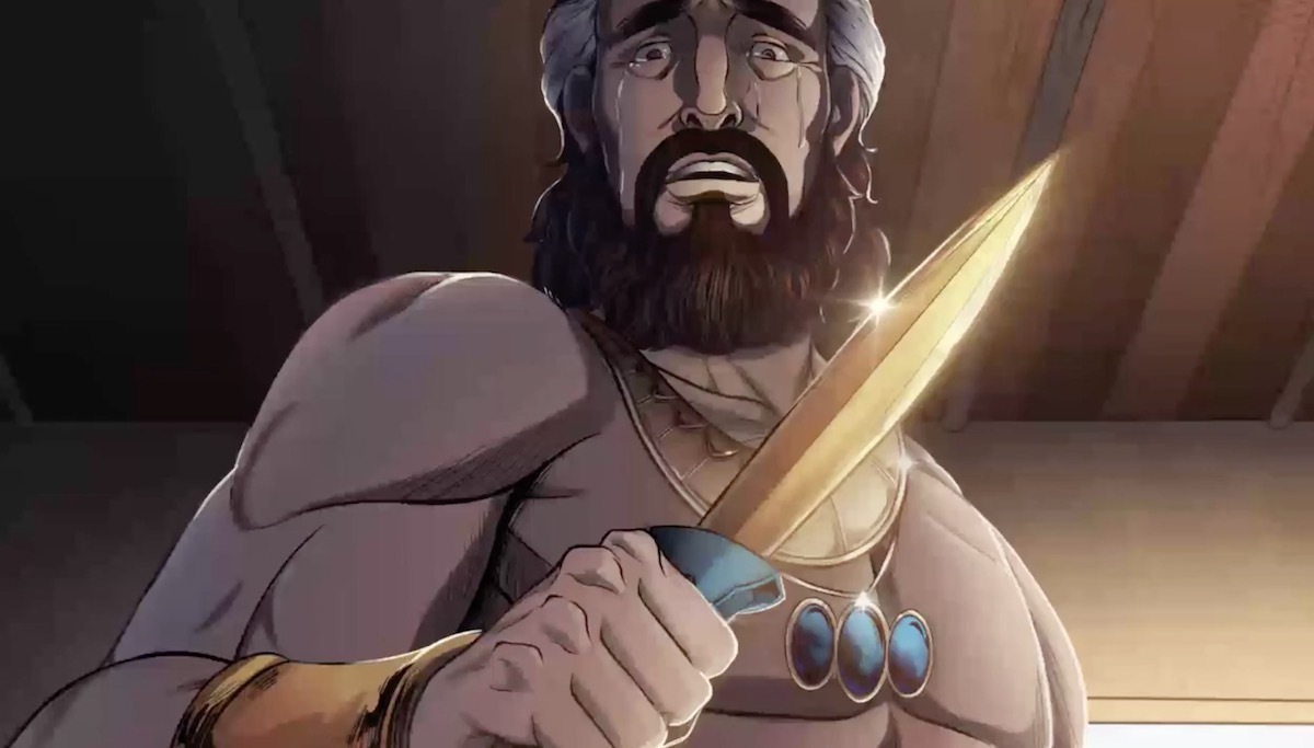 Scene 1 from iBIBLE book of Job depicting the knife he used to shave his head