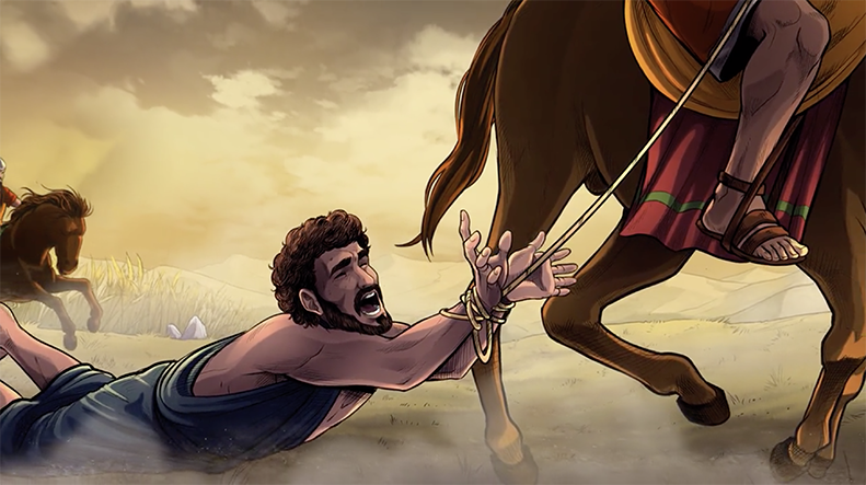 iBIBLE image of Lot being drug behind a horse as he's carried away as a slave after Sodom's defeat