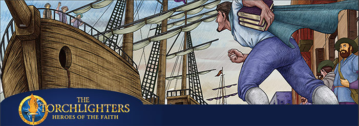 Scene from Torchlighters animated movie with man running to ship