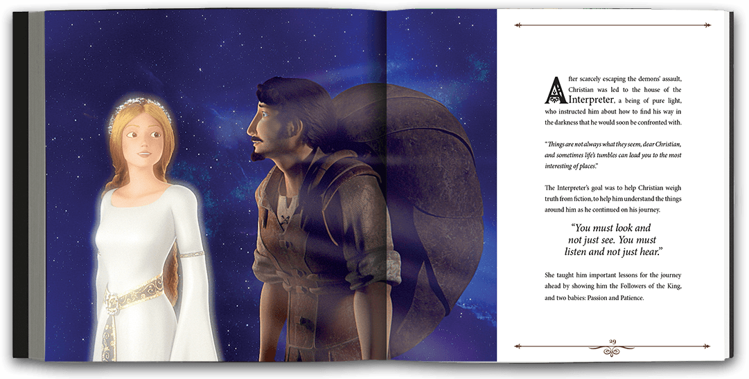 Beautifully illustrated full-page spread of a man and woman speaking against a starry backdrop.
