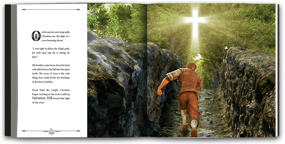 Beautifully illustrated full-page spread of a man climbing a steep path towards the light of a cross.