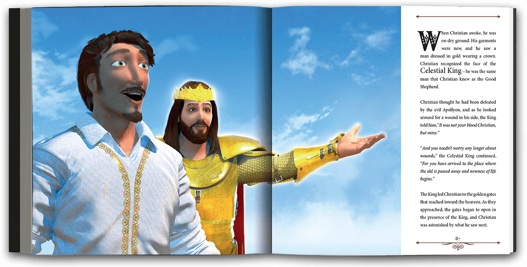 Beautifully illustrated full-page spread of two men dressed elegantly in front of a bright blue sky, one man gesturing to a view the other takes in with wonder.