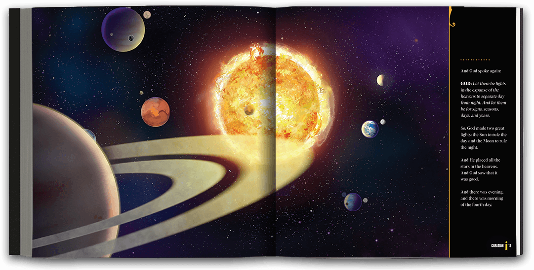 Beautifully illustrated full-page spread of the Solar System.
