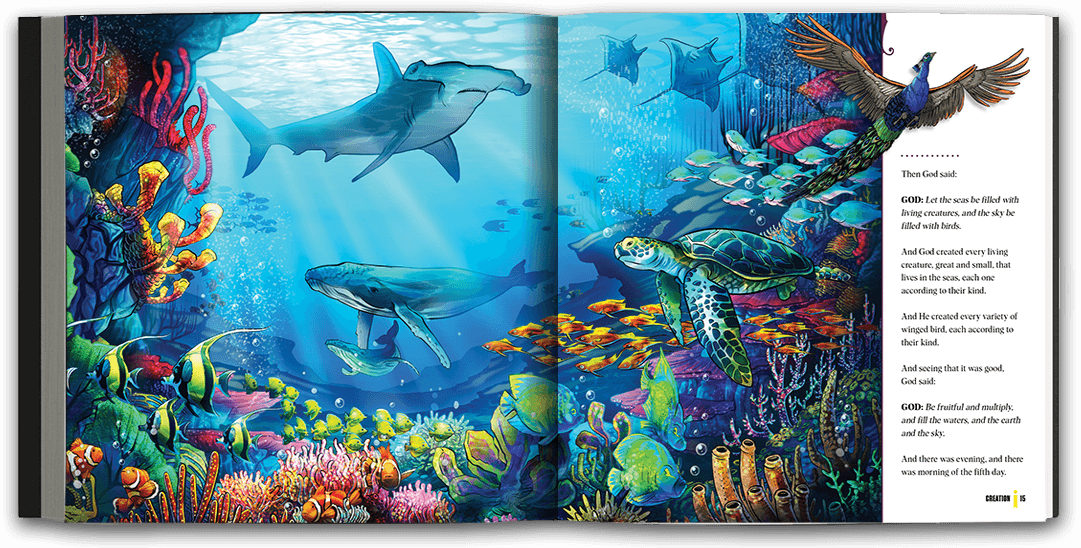 Beautifully illustrated full-page spread of vibrant sealife, including a reef, a turtle, a whale, and a hammerhead shark.