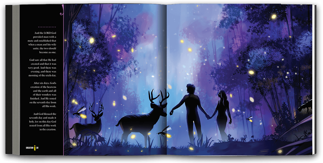 Beautifully illustrated full-page spread of Adam and Eve in silhouette amidst a twilit forest, deer, and fireflies.