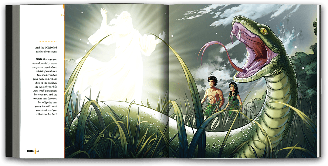 Beautifully illustrated full-page spread of a snake hissing in the foreground, Adam and Eve trekking the wilderness in the background.