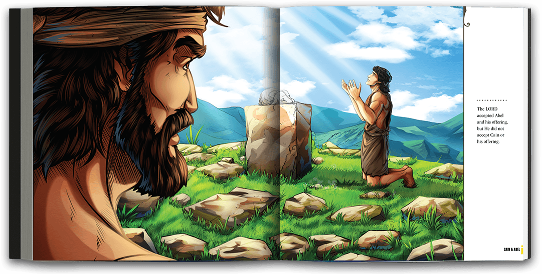 Beautifully illustrated full-page spread of Cain observing Abel making an offering to God.