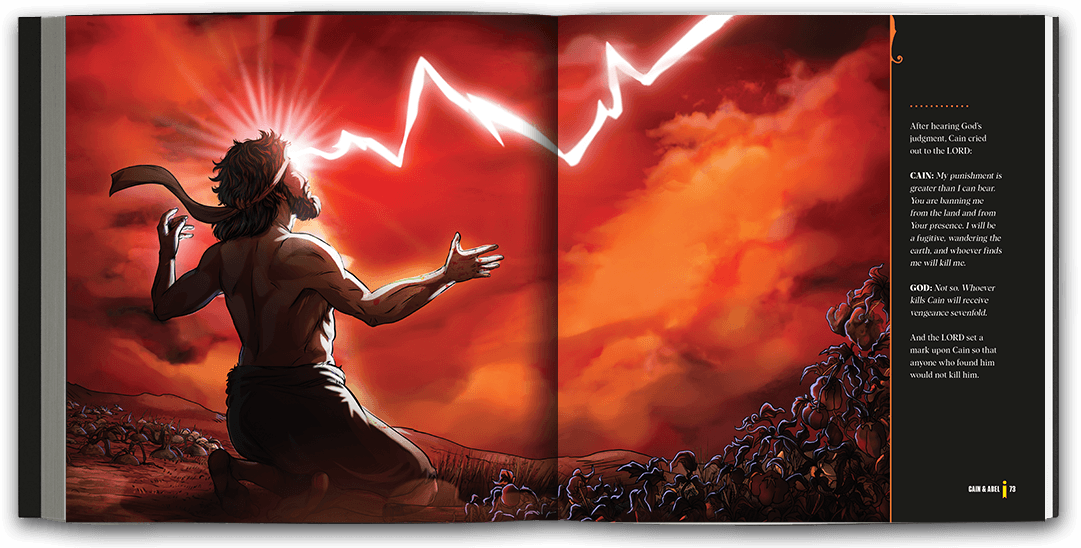 Beautifully illustrated full-page spread of a dramatic red sky against a desolate landscape, and Cain on his knees as he is marked by God.