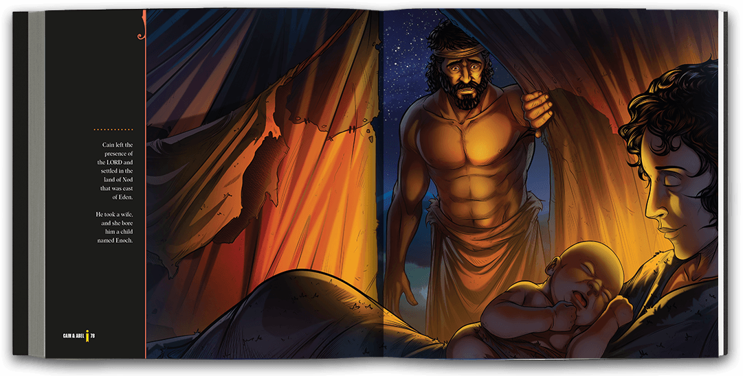 Beautifully illustrated full-page spread of Cain looking in on his wife and newborn child Enoch.