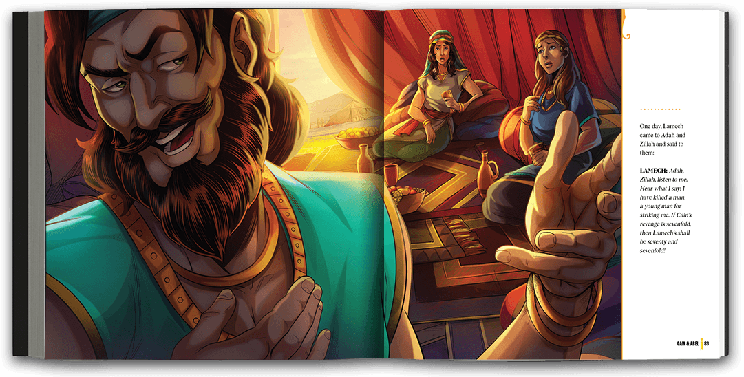 Beautifully illustrated full-page spread of Lamech speaking to concerned and shocked Adah and Zillah.